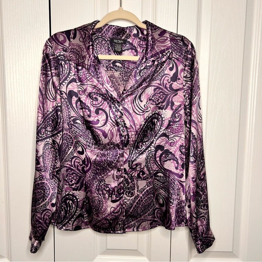 Bob Mackie Studio Blouse 10 Purple Paisley Collared Long Sleeve Top Button